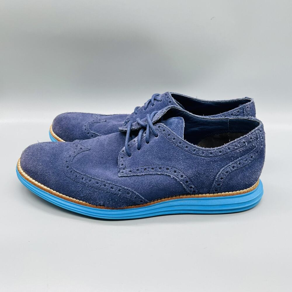 Cole Haan Shoes Mens 10.5 Blue Suede Lunargrand Wingtip Oxford Dress Brogue - Picture 4 of 11